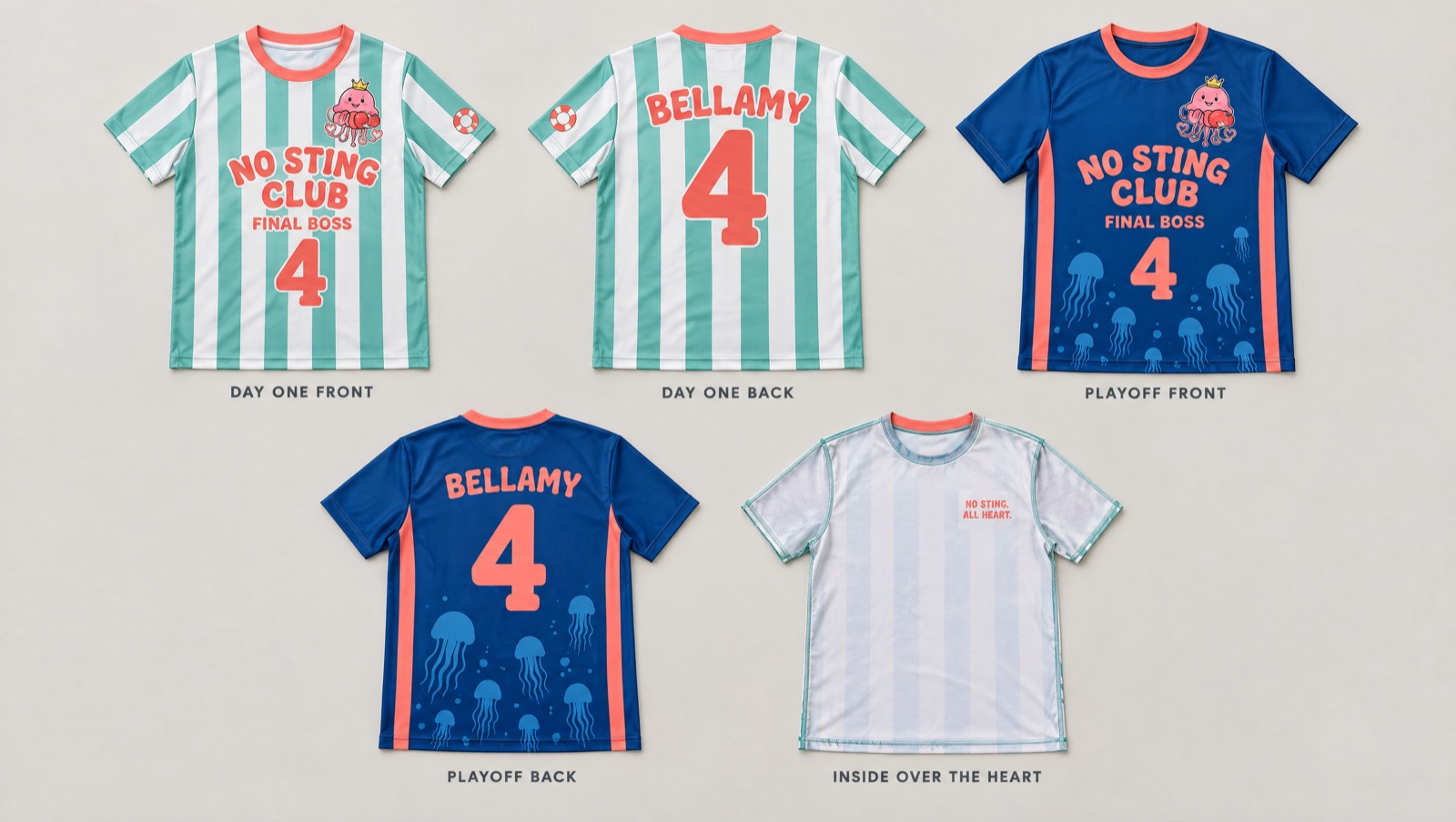 No Sting Club flat-lay: cabana stripes, coral numbers, jellyfish crest