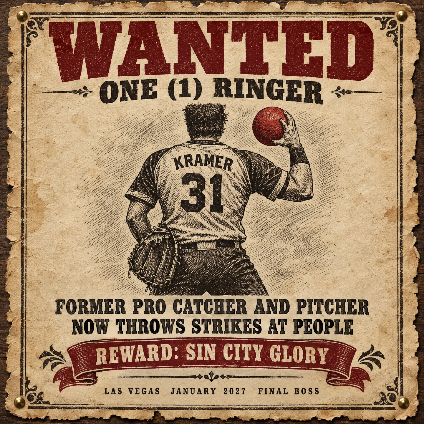 Wanted poster: one ringer, KRAMER 31, former pro catcher and pitcher, now throws strikes at people. Reward: Sin City glory. Las Vegas, January 2027, FINAL BOSS