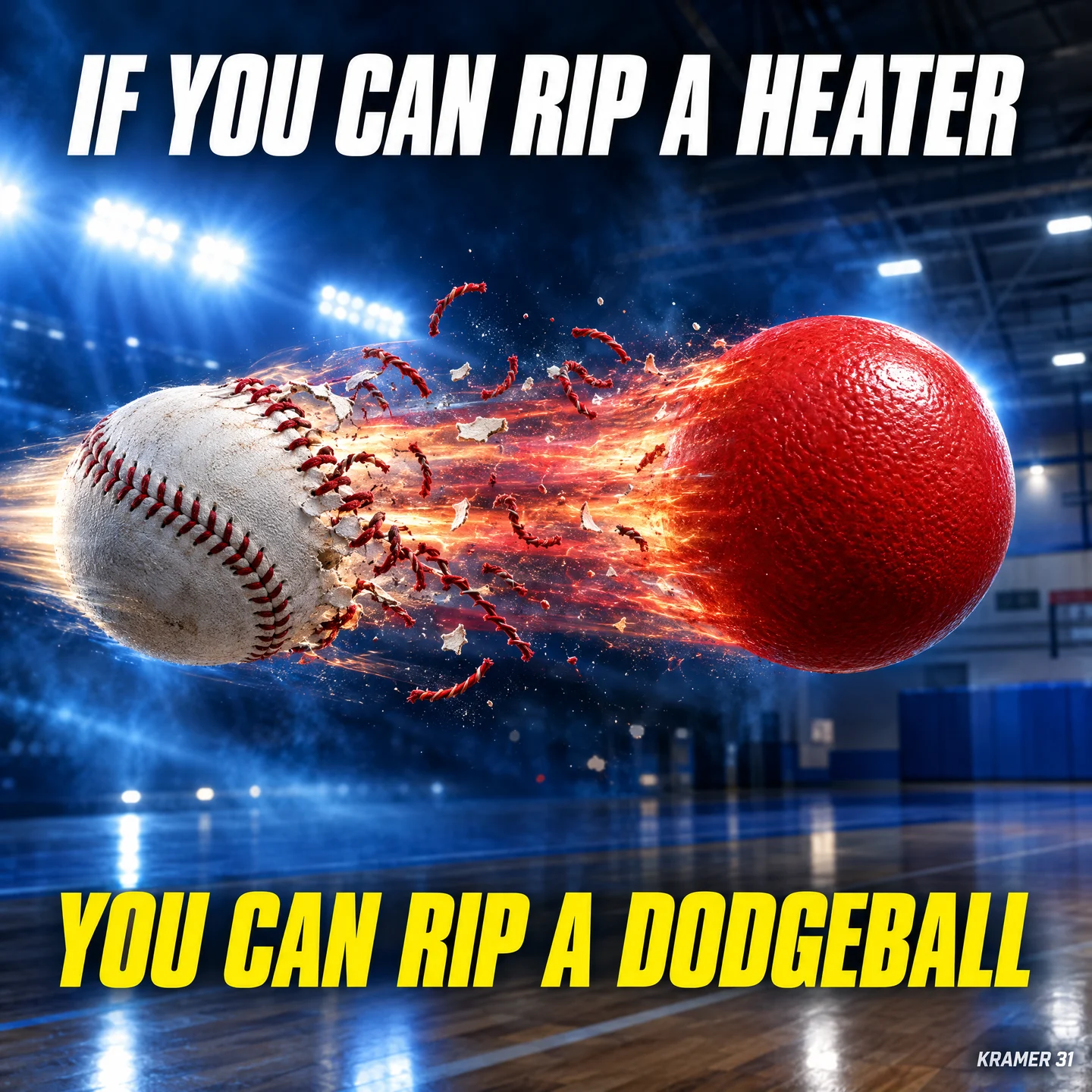 A baseball turning into a red dodgeball mid-flight: if you can rip a heater, you can rip a dodgeball
